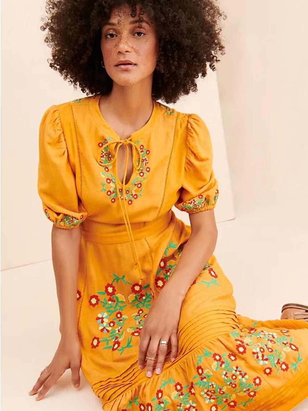 Anthropologie Mustard Yellow Floral Embroidered Midi Dress